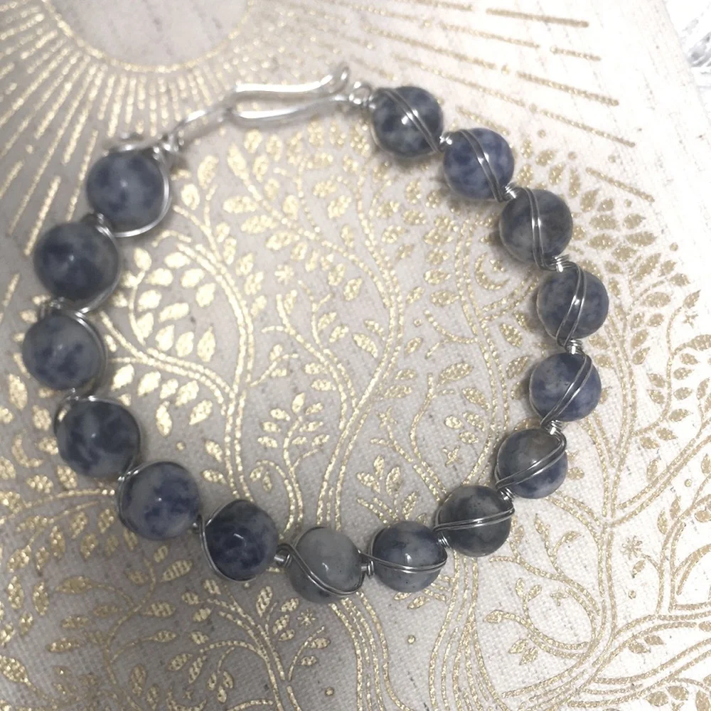 New Handcrafted Blue Sodalite Gemstone Bead Silver Tone Wire Wrapped Bracelet
